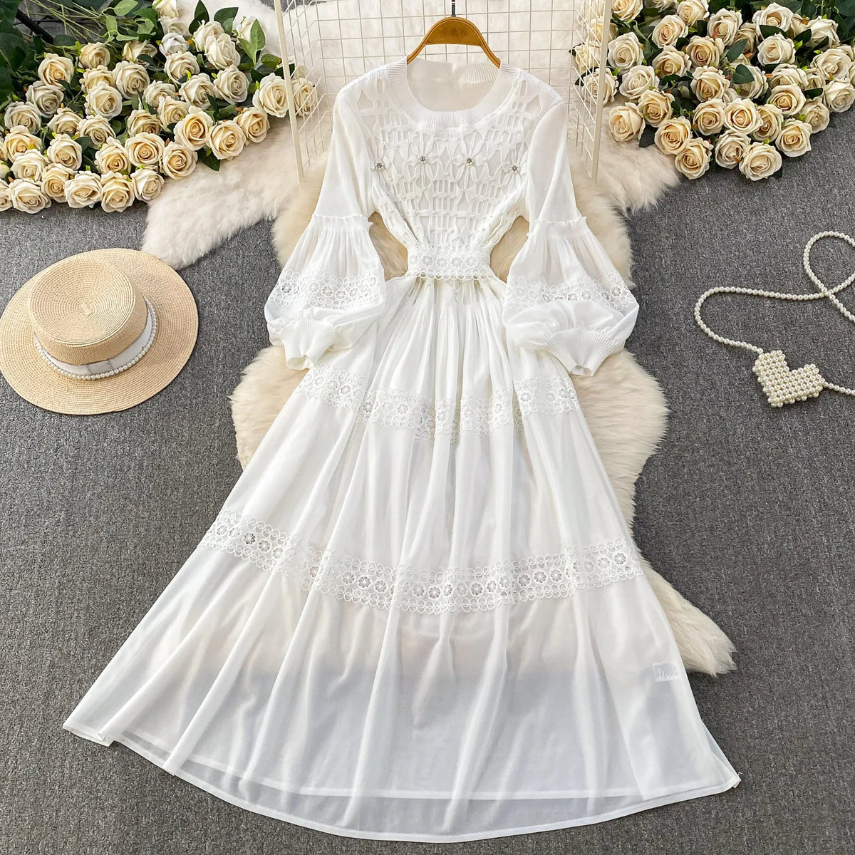 Lace Patchwork Lantern Sleeve Maxi Dress