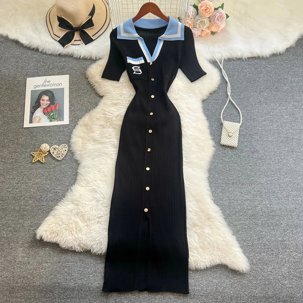 Embroidered Button Front Knit Maxi Shirt Dress