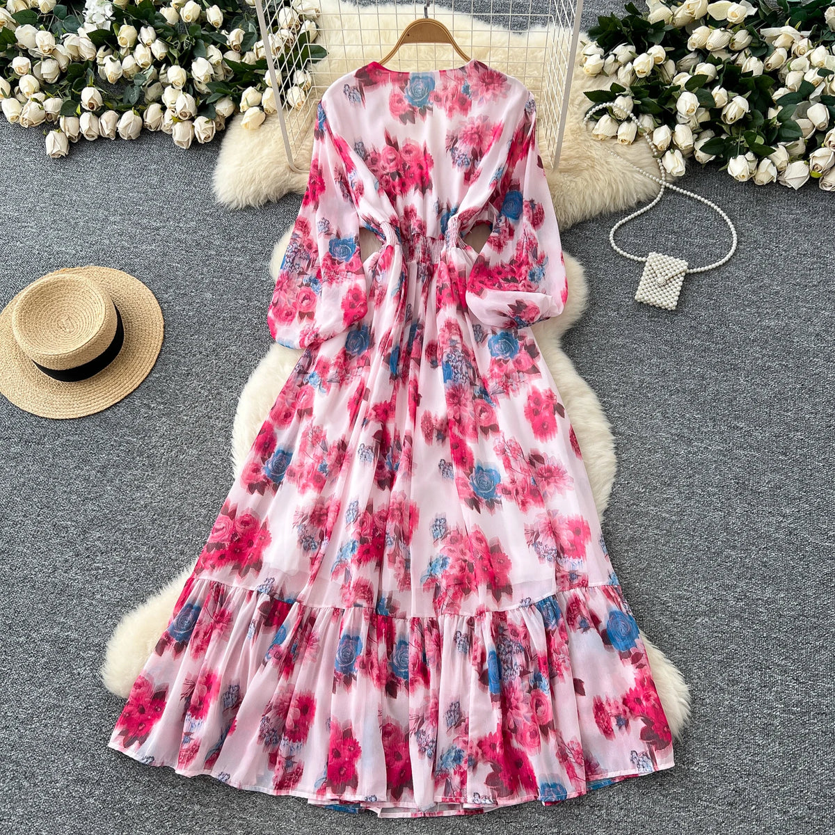 Ruffle Print Long Sleeve Maxi Dress