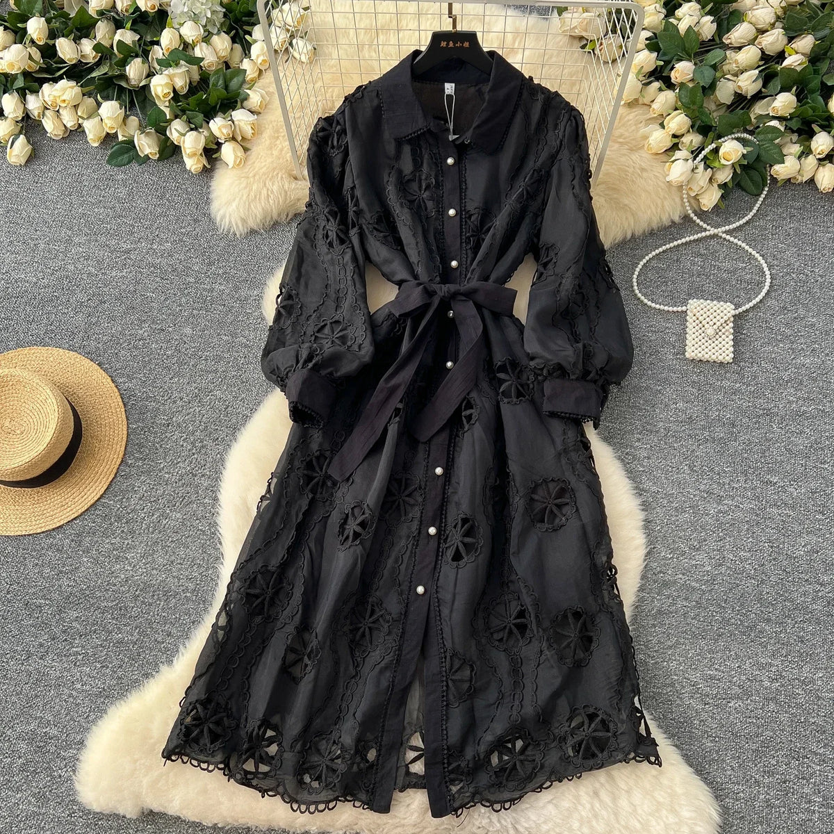 Embroidered Lapel Lantern Sleeve Long Dress