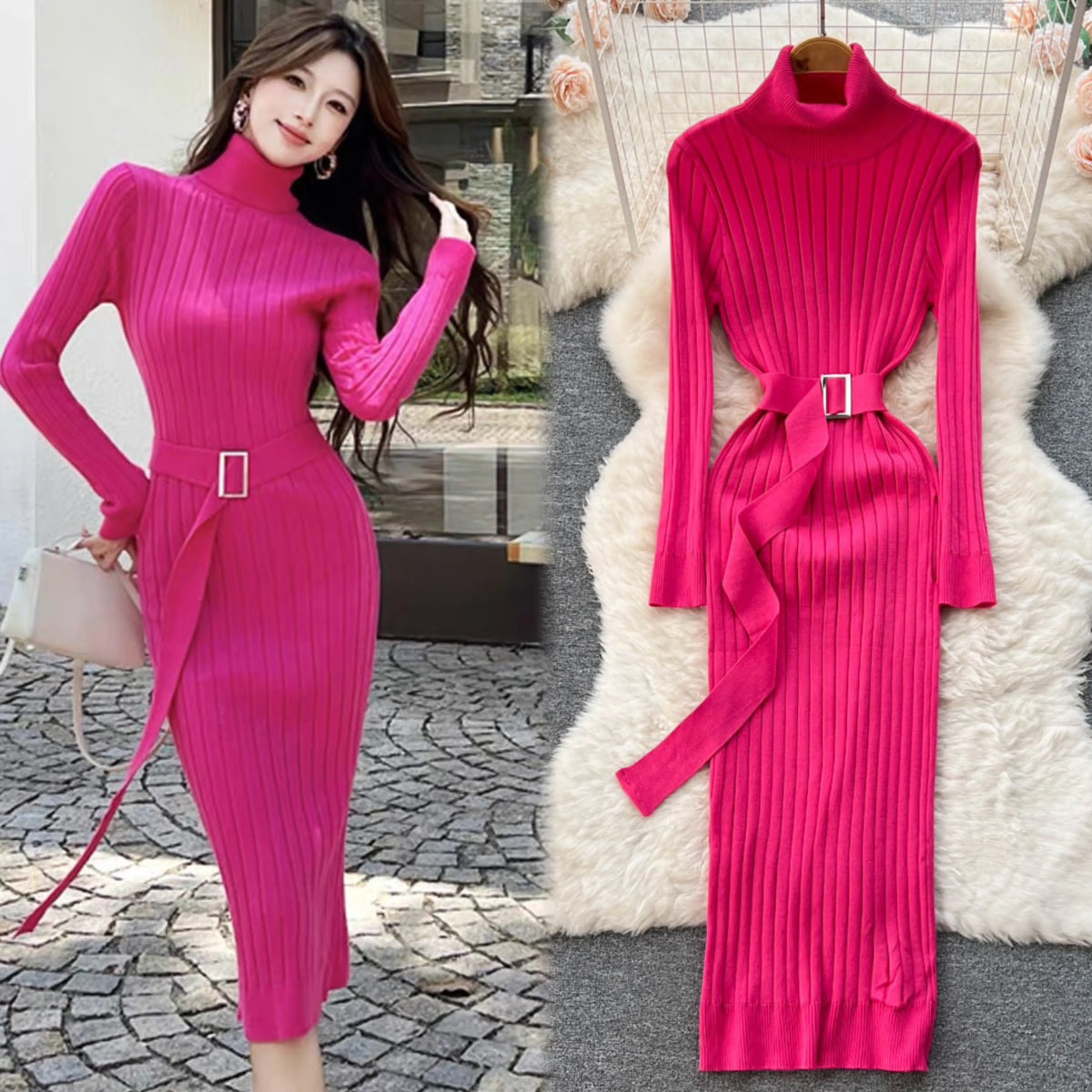 Ribbed Knit Wrap Maxi Sweater Dress