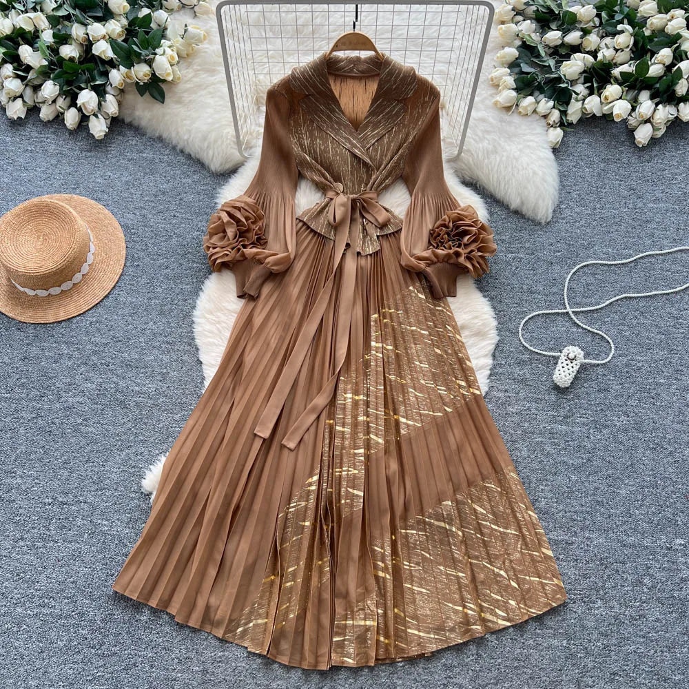 3D Floral Ruched Long Sleeve A-Line Dress