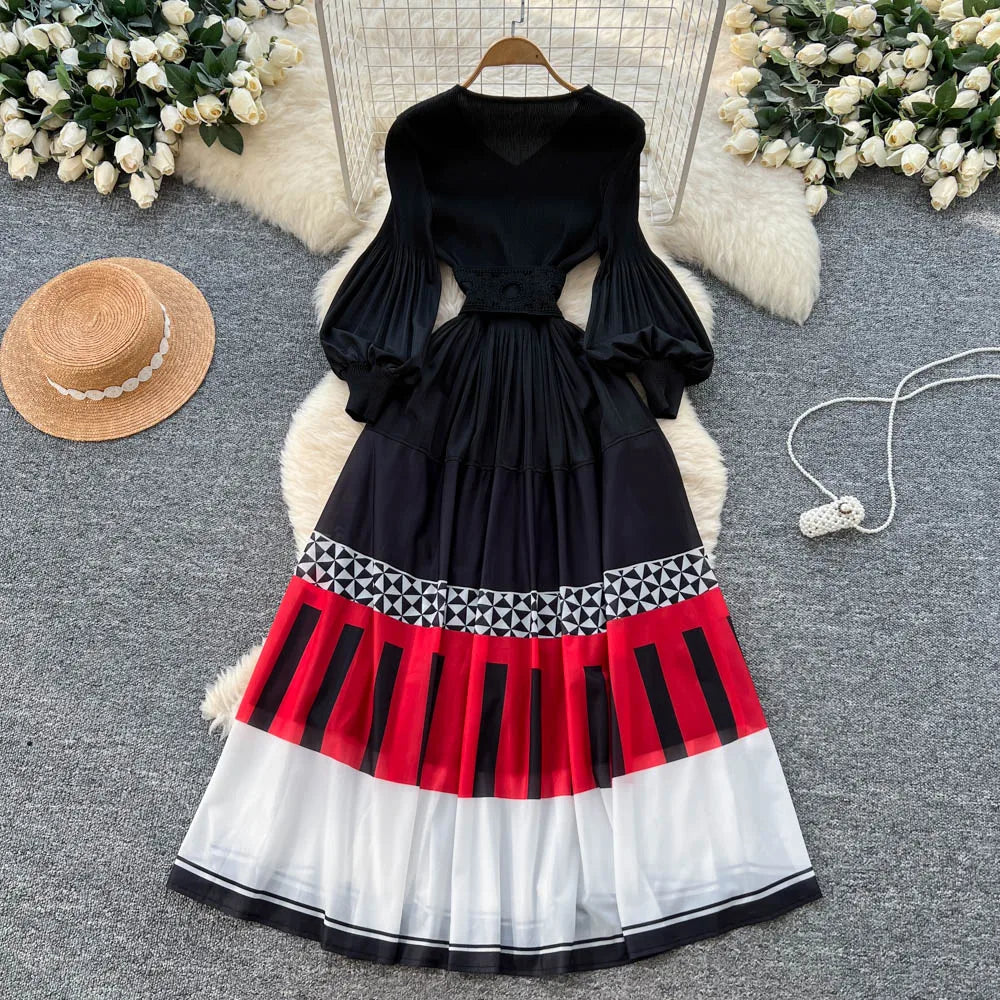 Spliced Print Slim Long Sleeve Dress