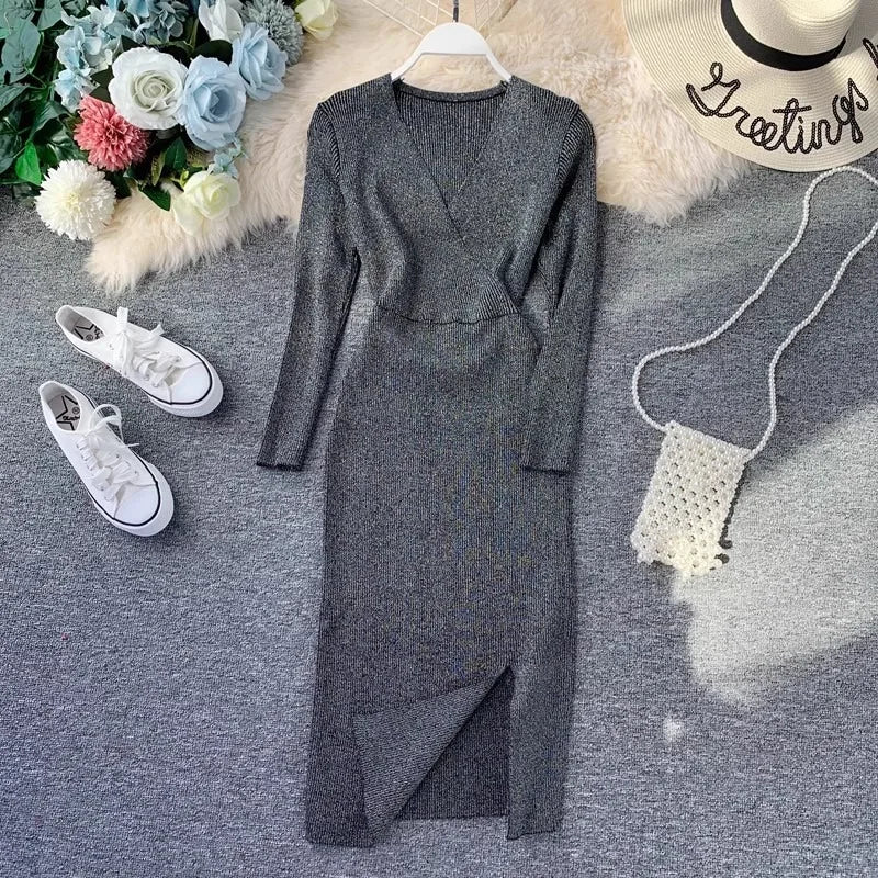 Metallic V-Neck Knit Sweater Dress