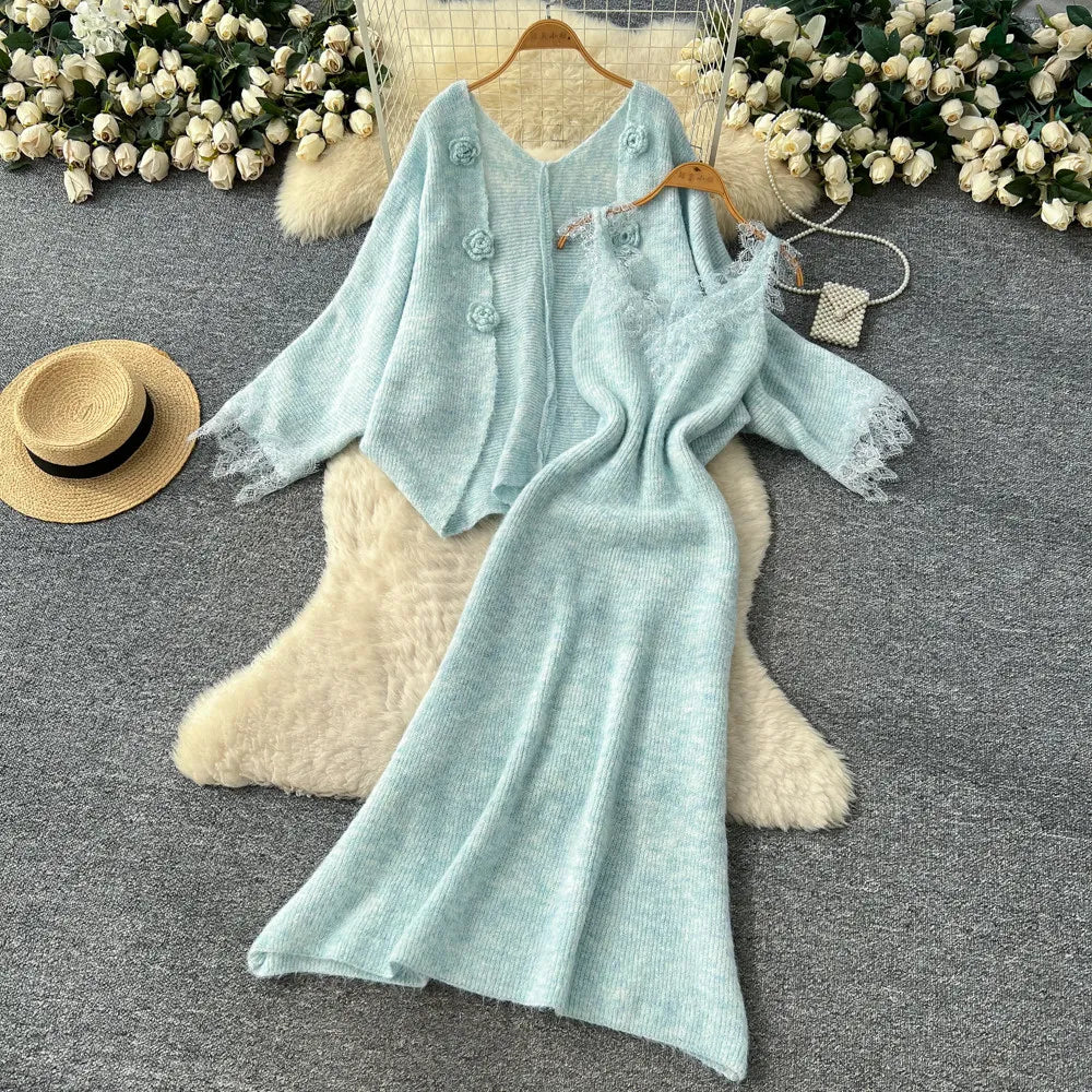 Floral Lace Cami Dress and Cardigan Set