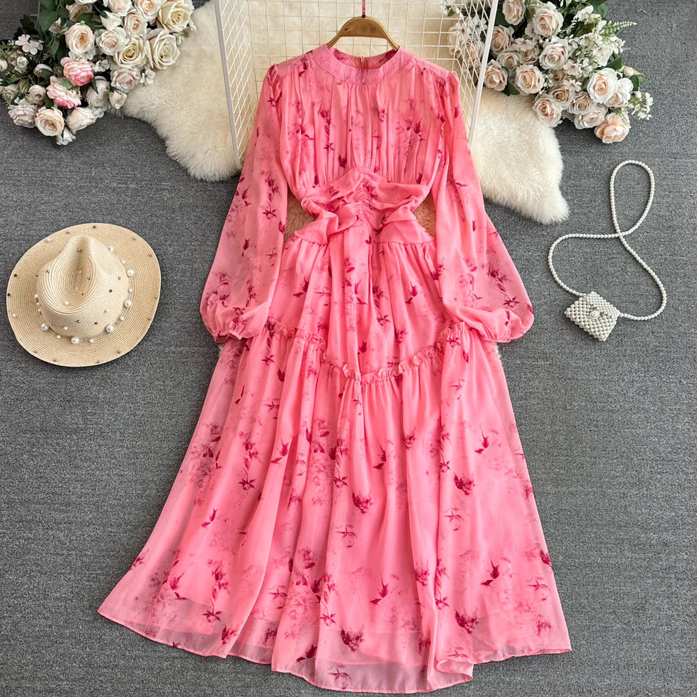 Print Mock Neck Lantern Sleeve A-Line Dress