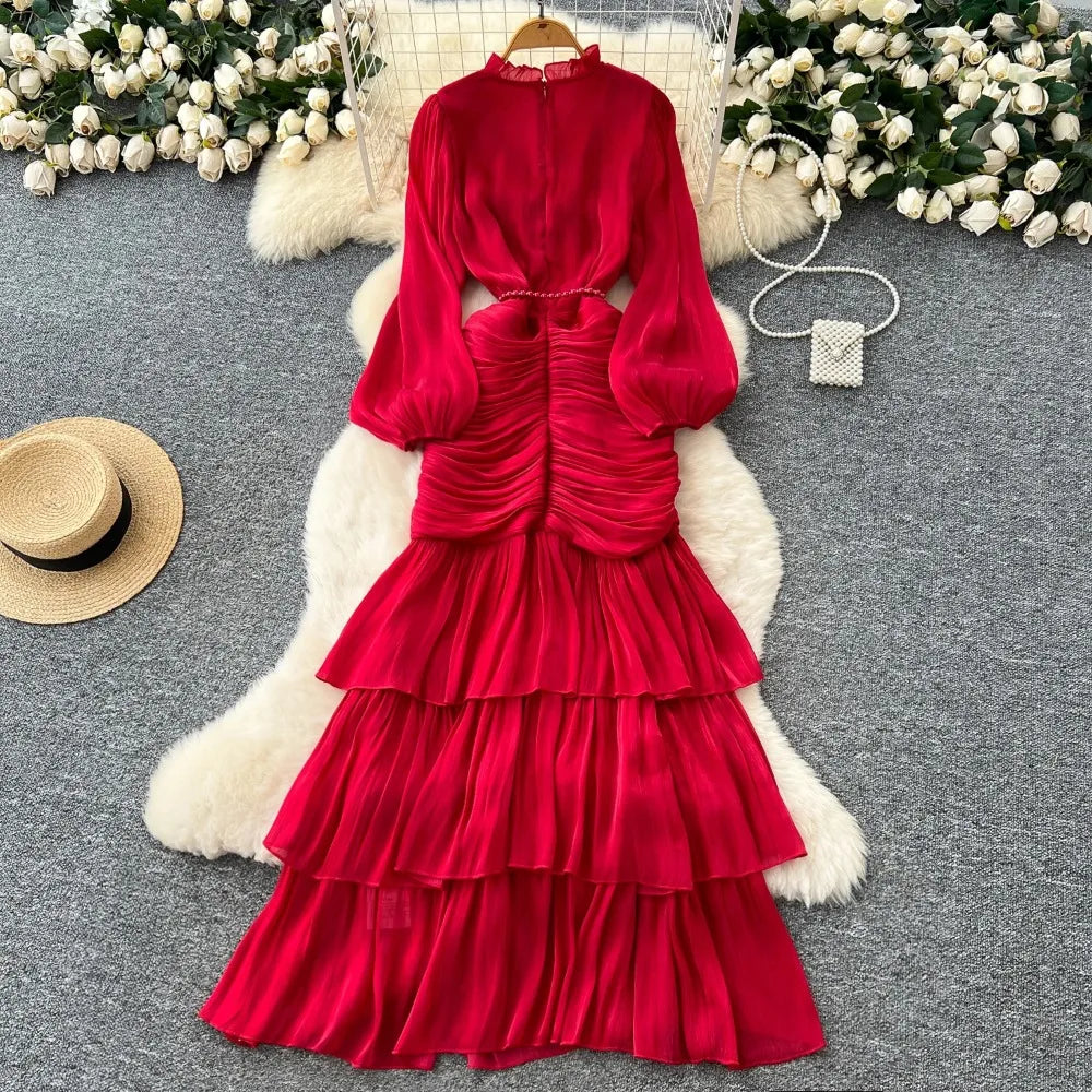 Vintage Ruffle Lace-Up Maxi Dress