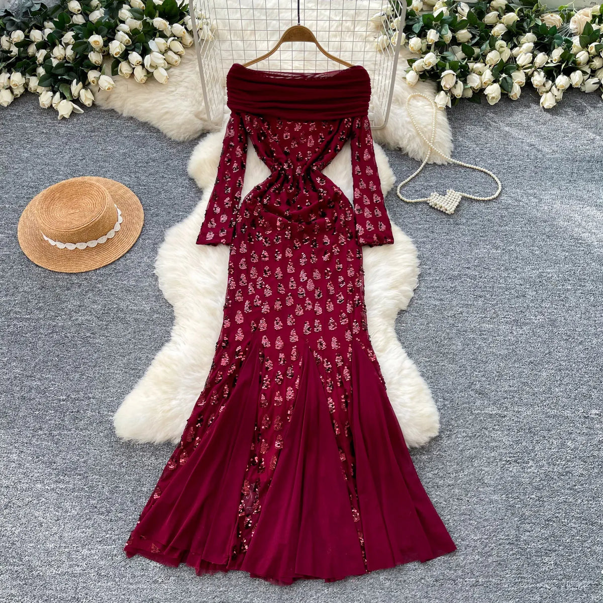 Off-Shoulder Sequin Pleated Mermaid Maxi Dress