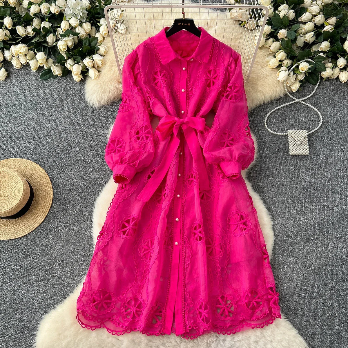 Embroidered Lapel Lantern Sleeve Long Dress
