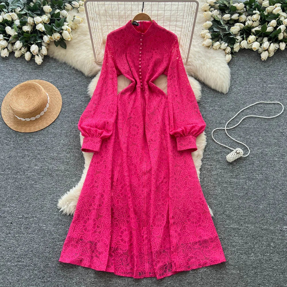 Lace Button-Front Long Sleeve Party Dress