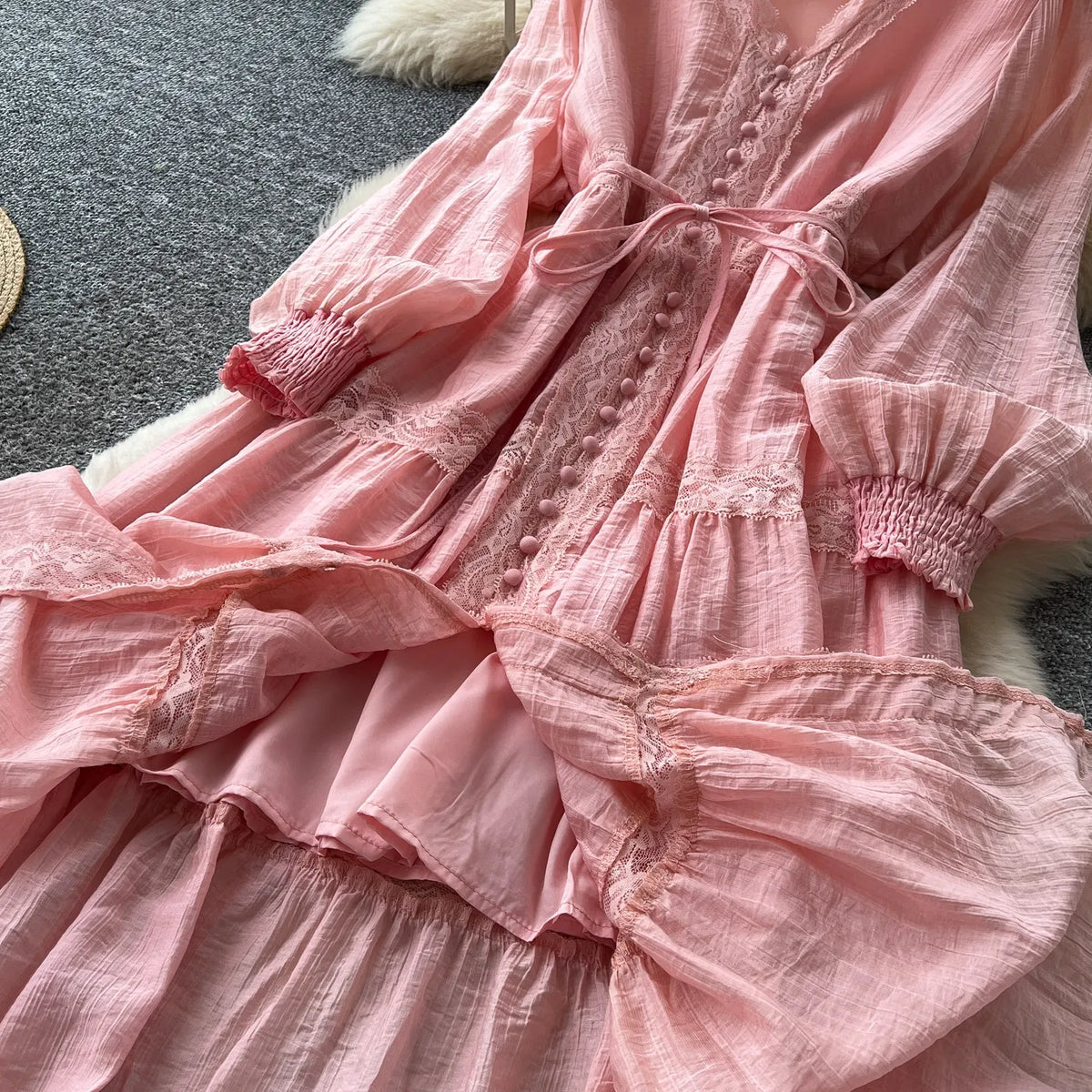 Lace V-Neck High Waist A-Line Dress