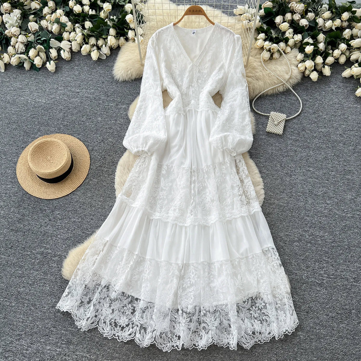 Lace Mesh V-Neck Ruffle Maxi Dress