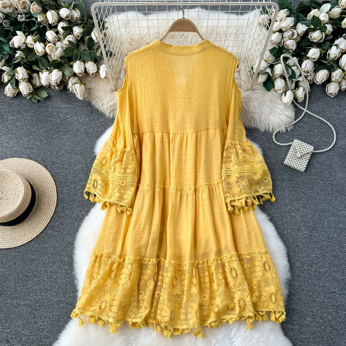 Lace Tassel Flare Sleeve V-Neck Dress