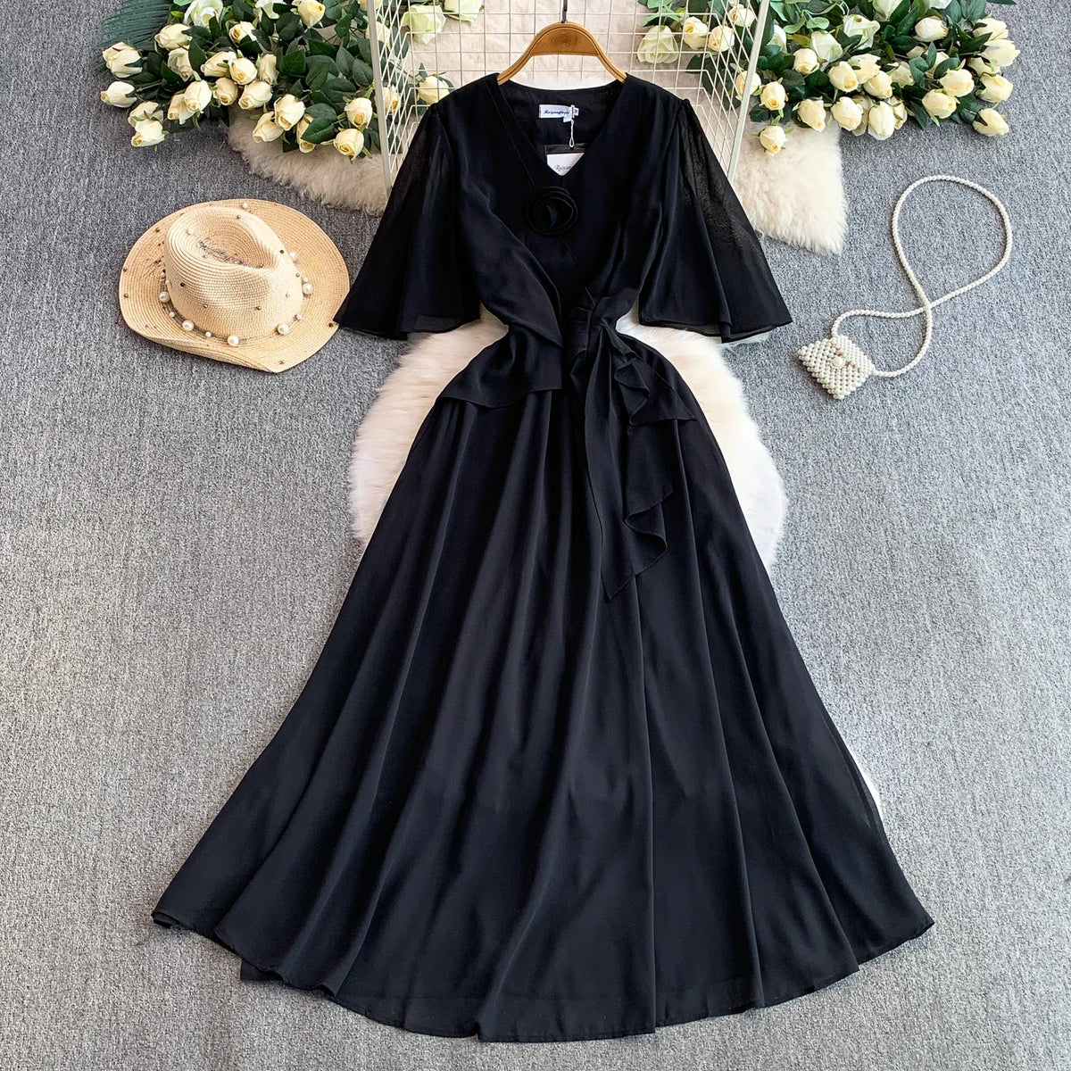 Short Sleeve V-Neck A-Line Dress