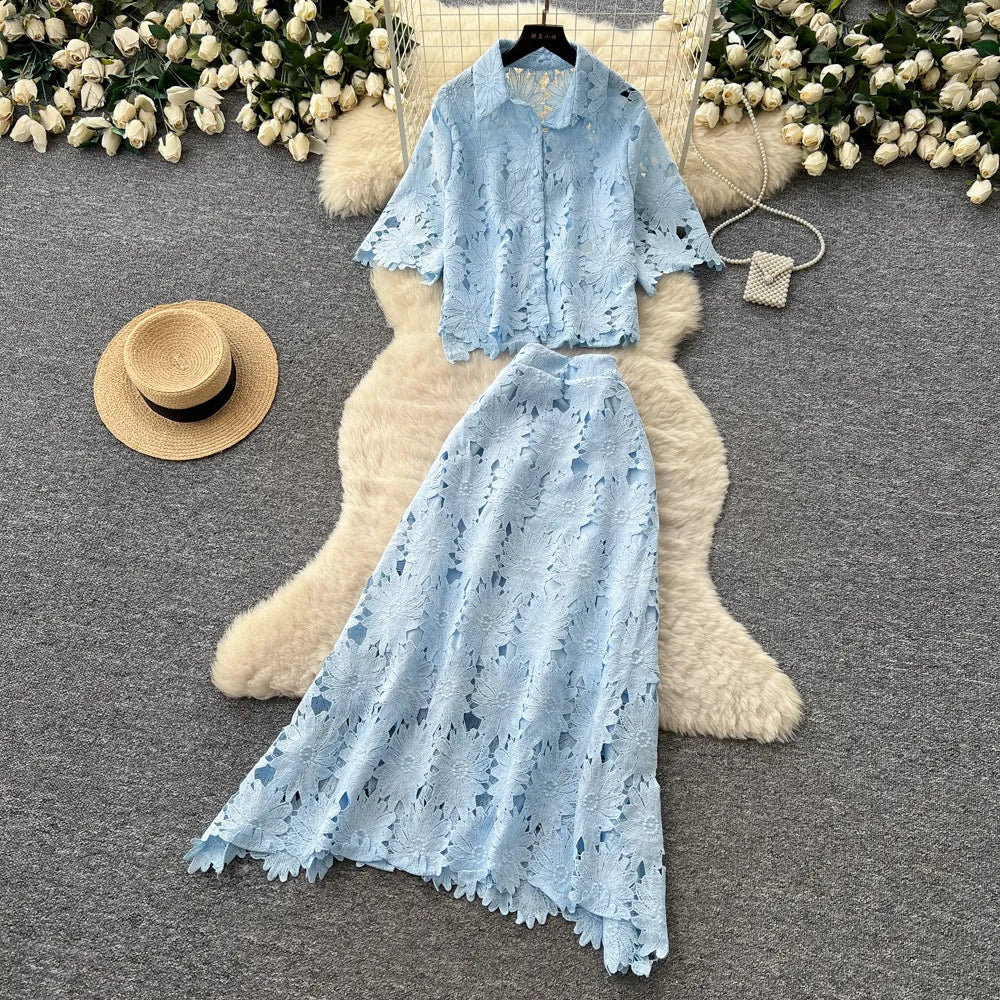 Lace Cutout Collared Top and Skirt Set