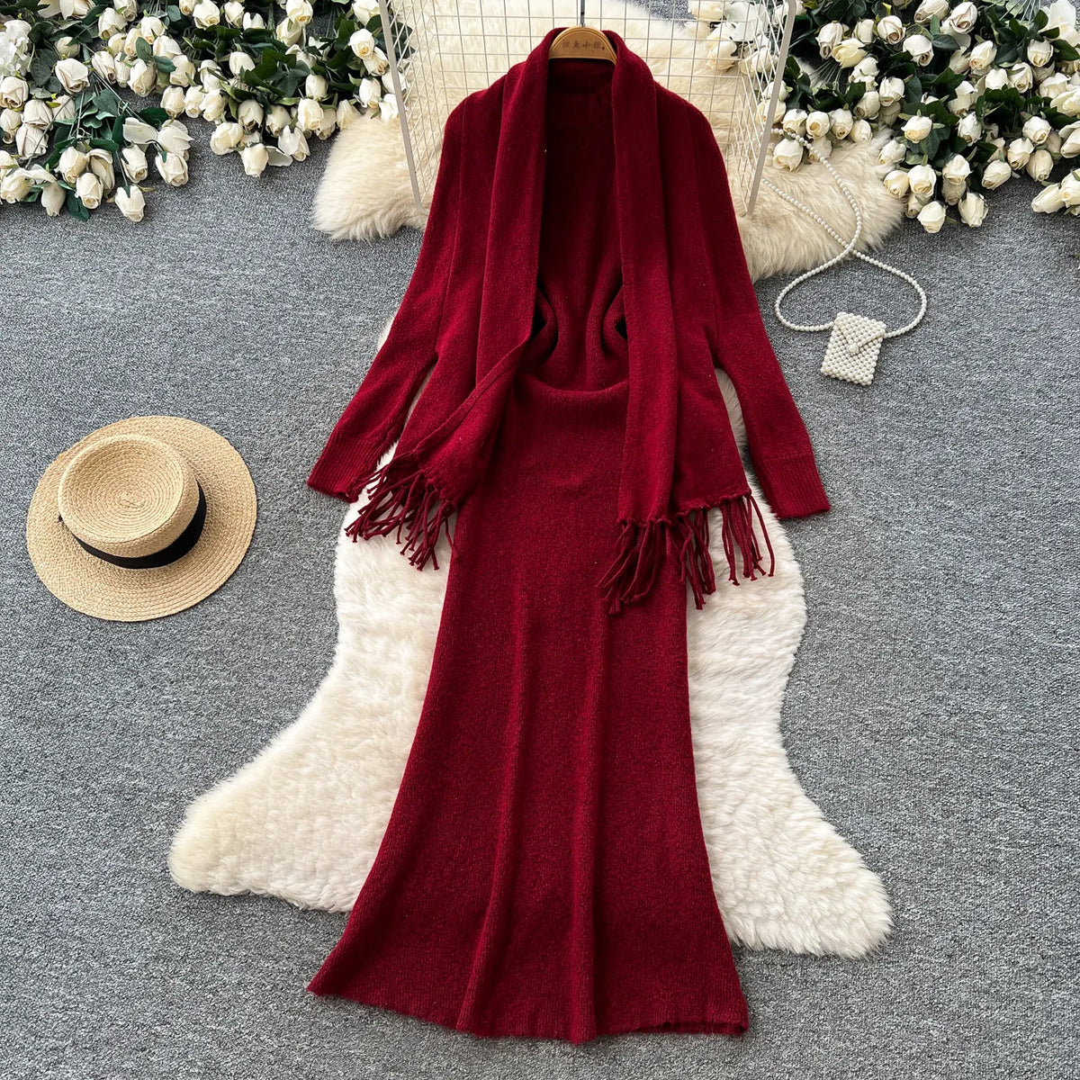 Knit Halter Cami Dress and Cardigan Set
