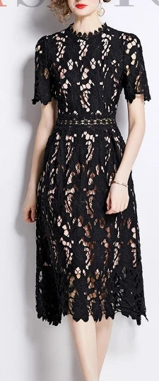 Lace Cutout Short Sleeve A-Line Dress