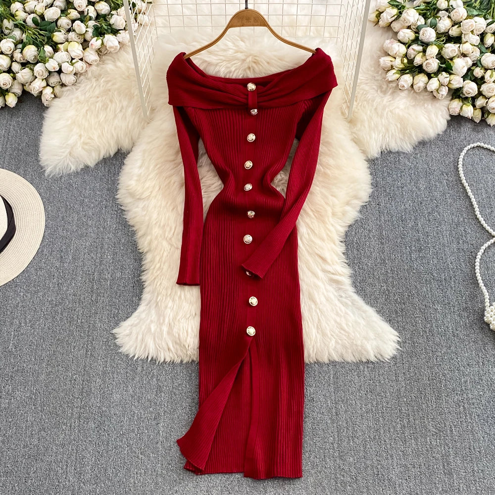 Red Off-Shoulder Split Knit Party Dress
