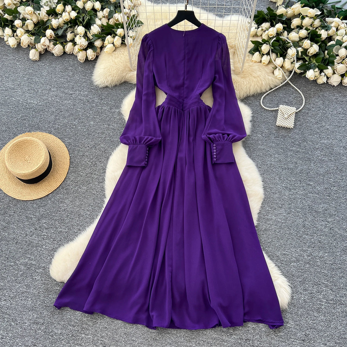 V-Neck Lantern Sleeve Long Dress