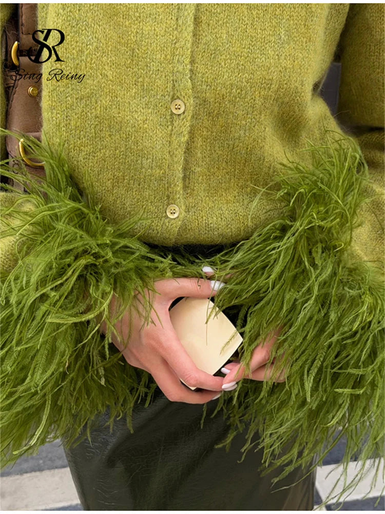 Green Feather Trim Knit Cardigan