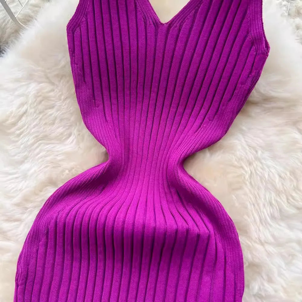 Ribbed V-Neck Knit Bodycon Dress