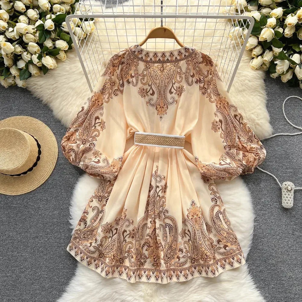 Vintage Print Lantern Sleeve A-Line Dress