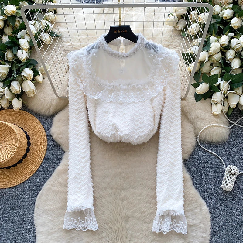 White Lace Trim Stand Collar Blouse