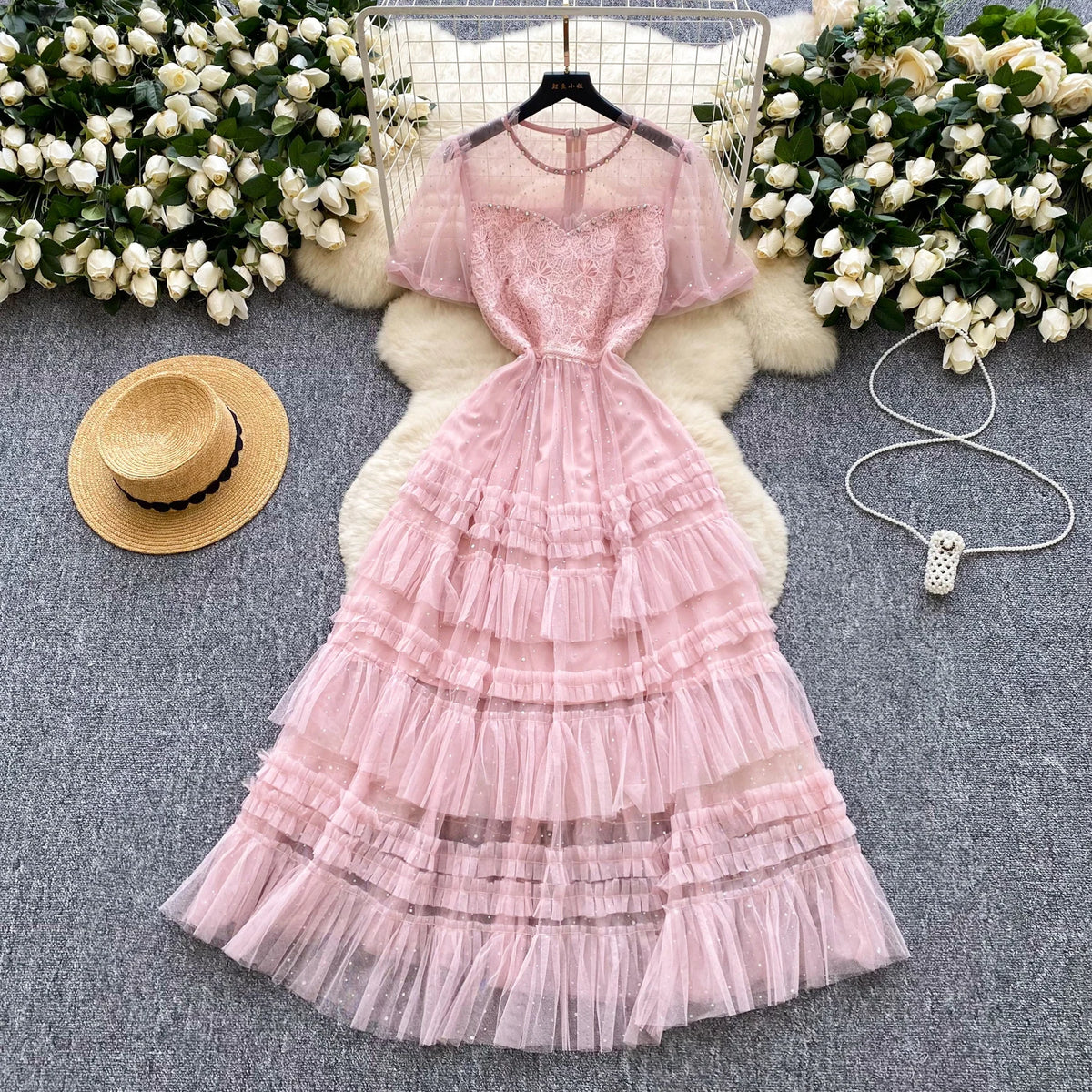 Rhinestone O-Neck Short Sleeve Party Dress