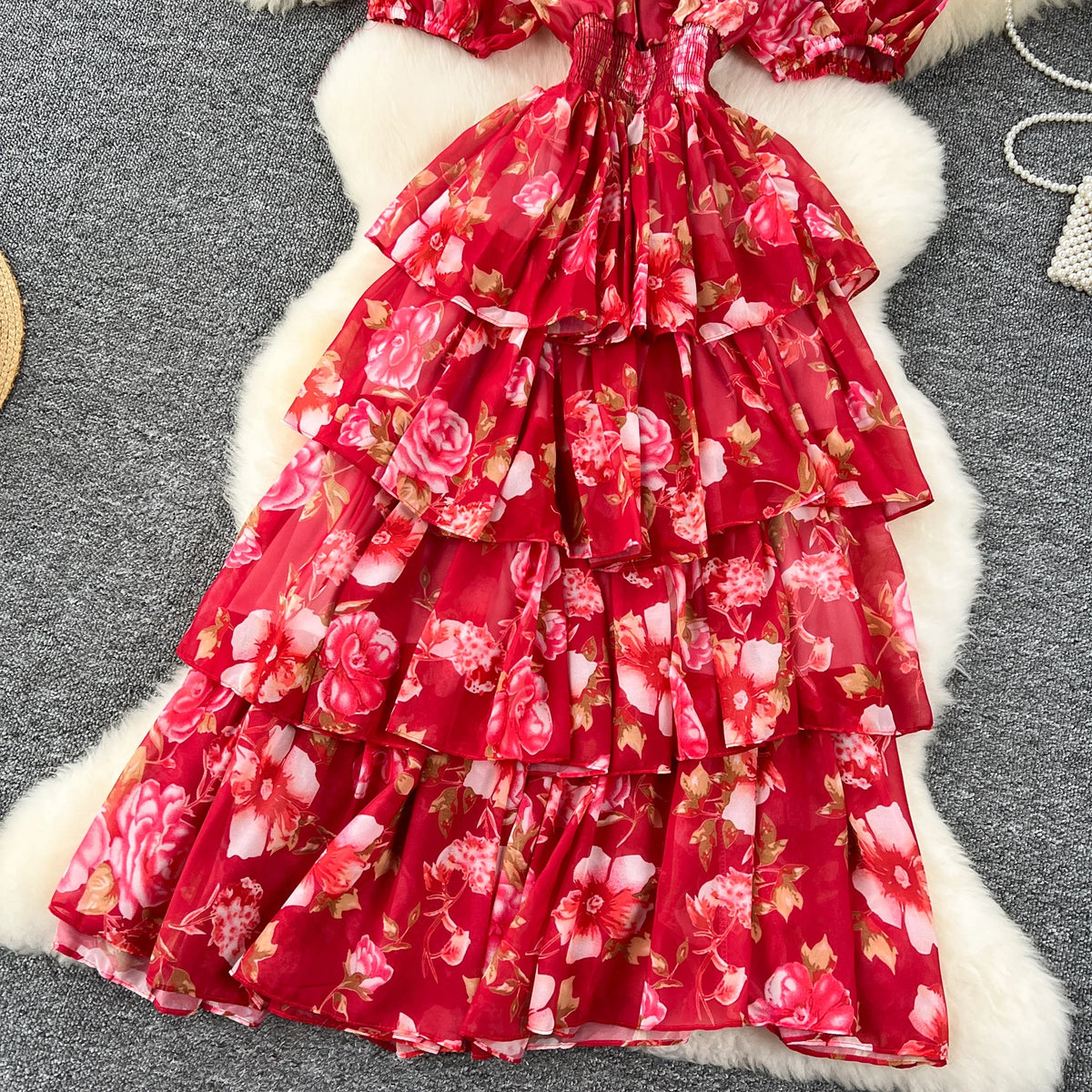 Floral V-Neck Chiffon Resort Dress