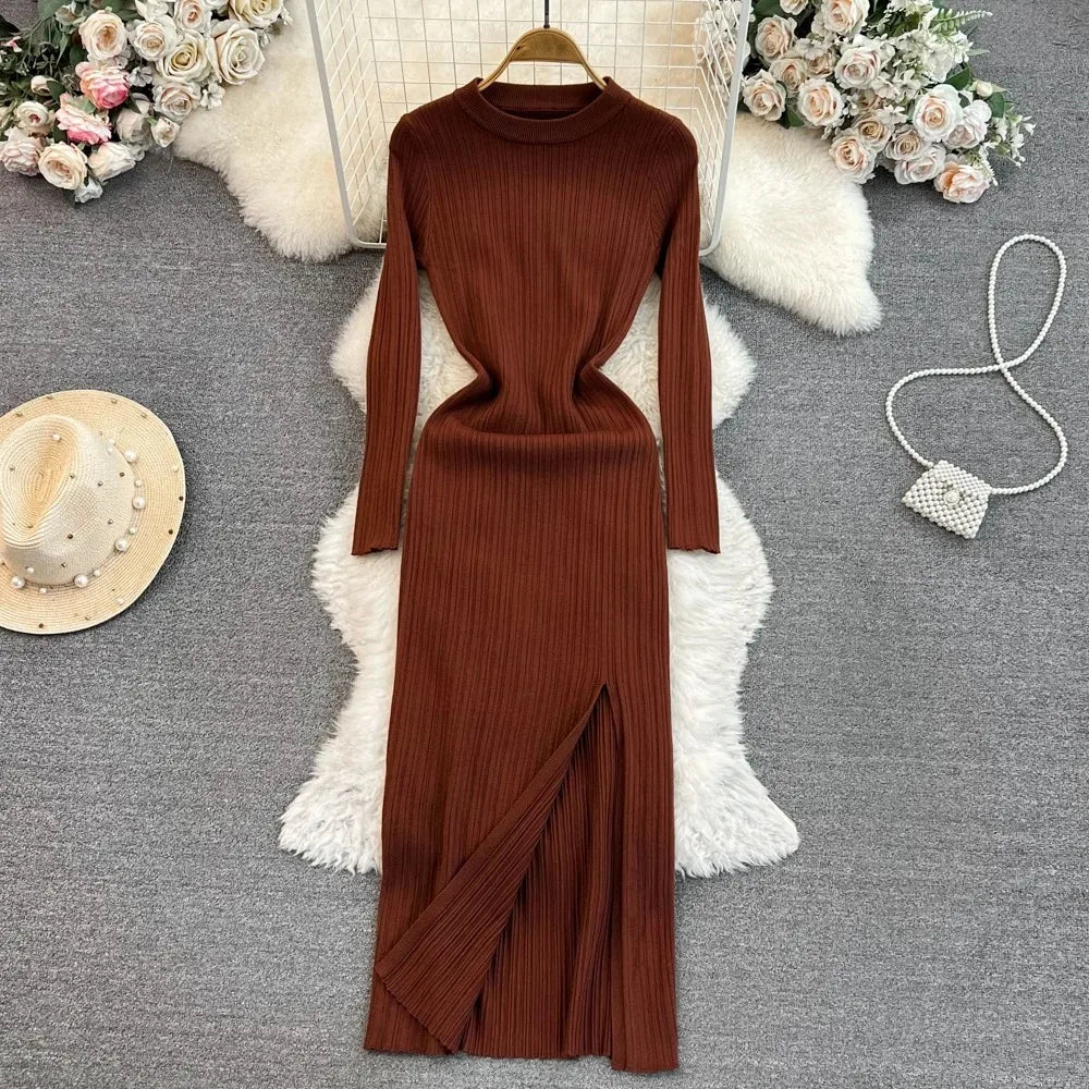 Ribbed High Slit Knit Maxi Dress
