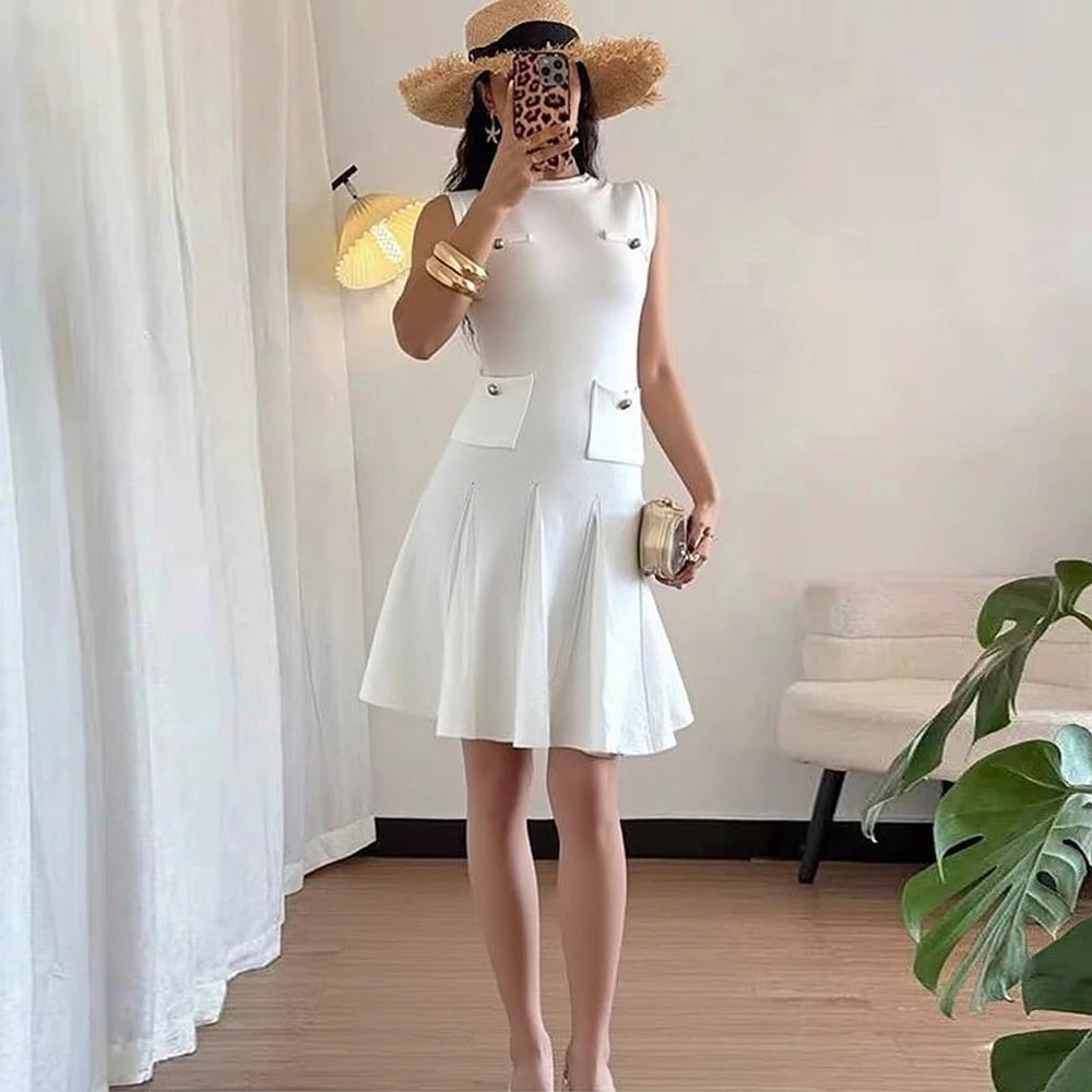White Pleated Sleeveless Mini Dress