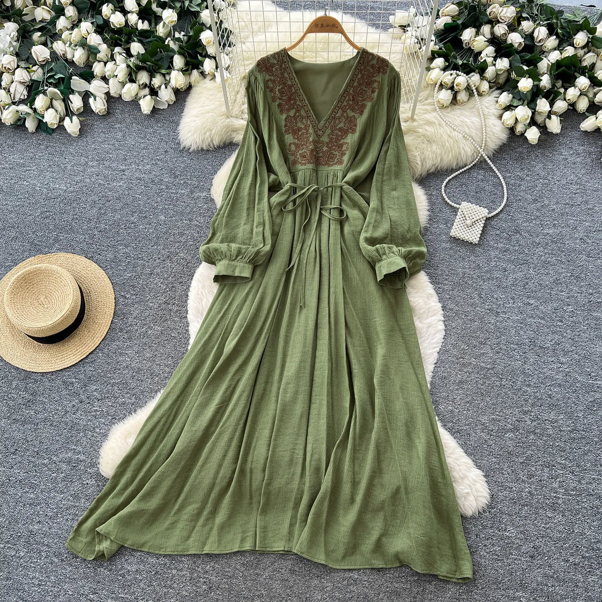 Embroidered V-Neck Tie Maxi Dress