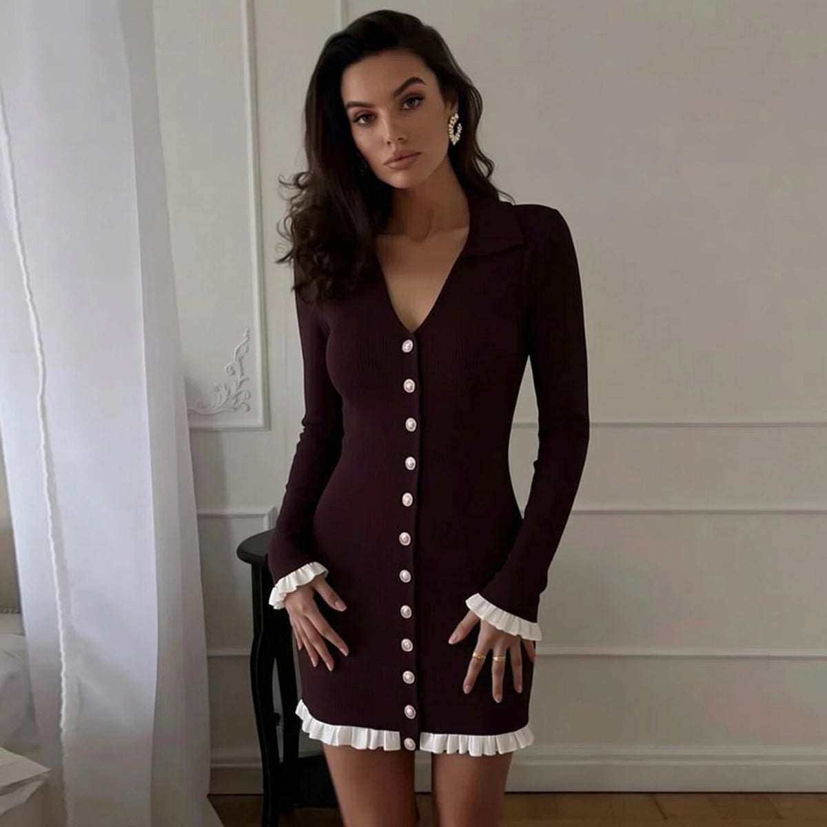 Vintage Ruffled Knit Mini Shirt Dress