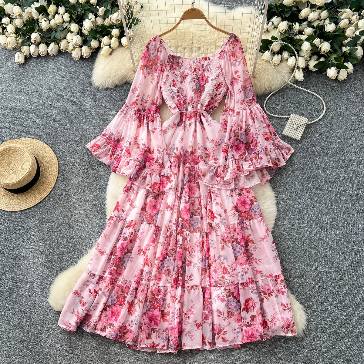 Pleated Print Flare Sleeve Long Dress