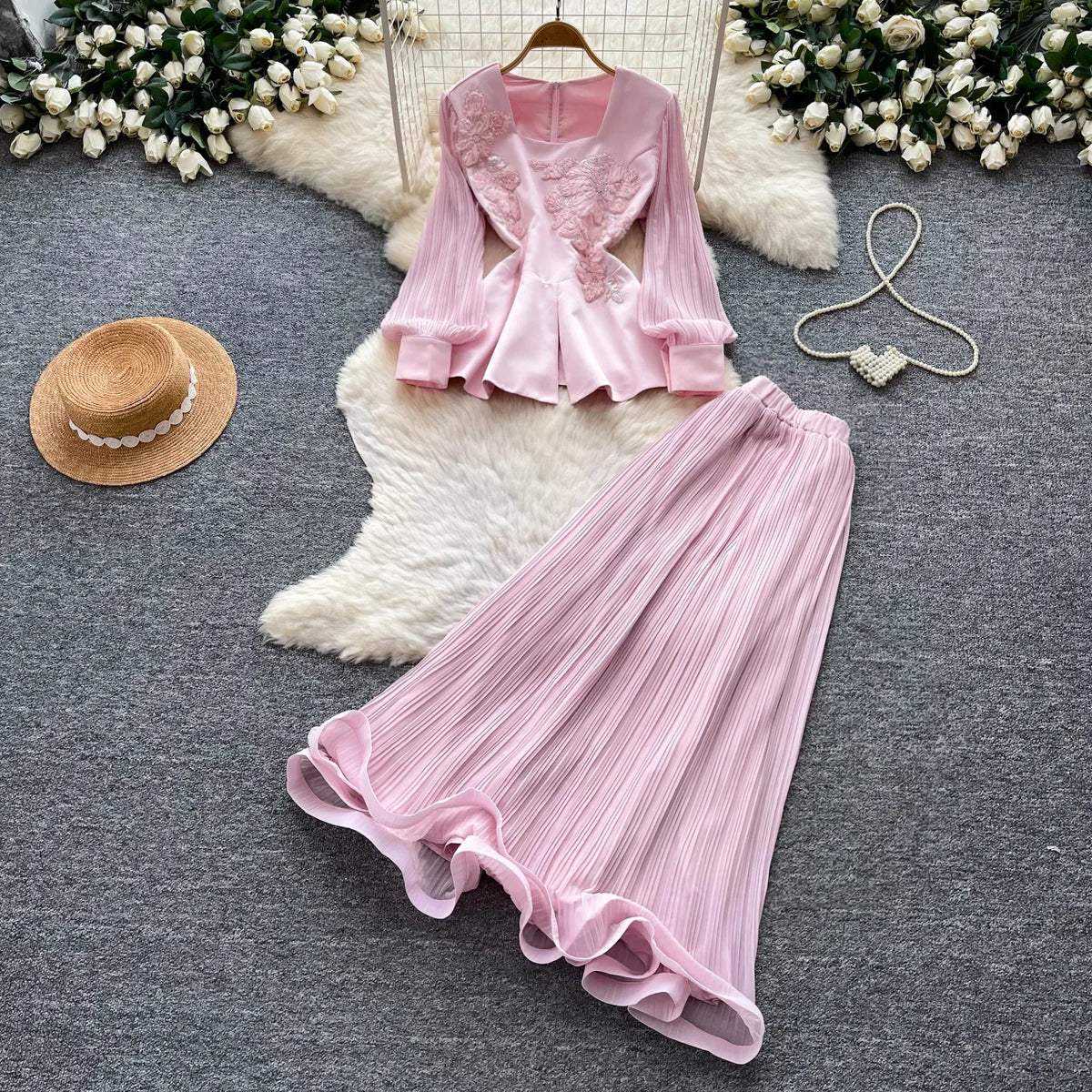 Embroidered Blouse and Pleated Skirt Set