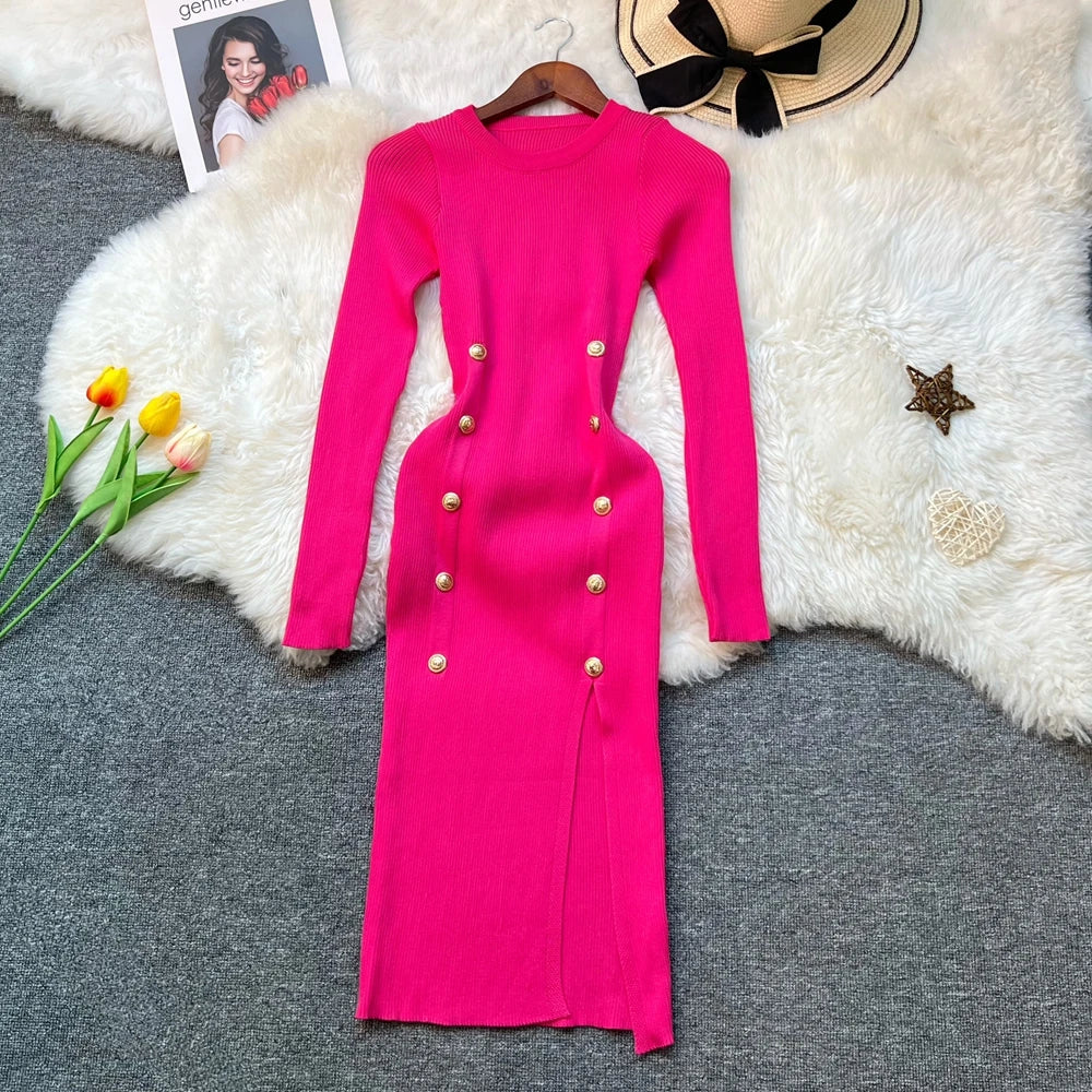 Double-Breasted Split Knit Wrap Dress