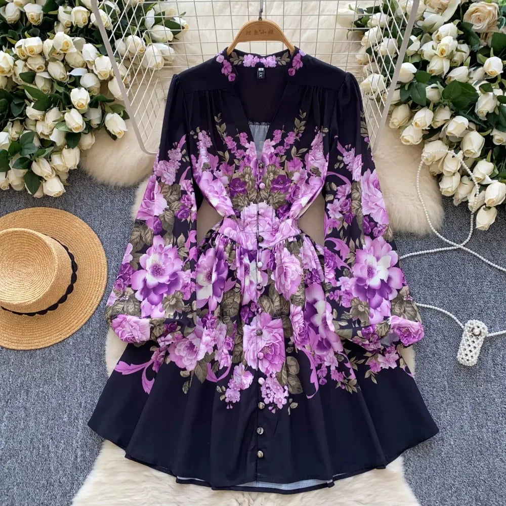 French Print Puff Sleeve Button A-Line Dress