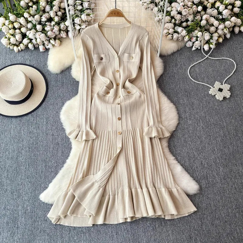 Ruffled Button V-Neck Knit Maxi Dress