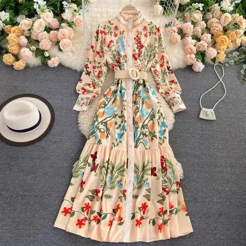 French Floral Puff Sleeve Button Dress