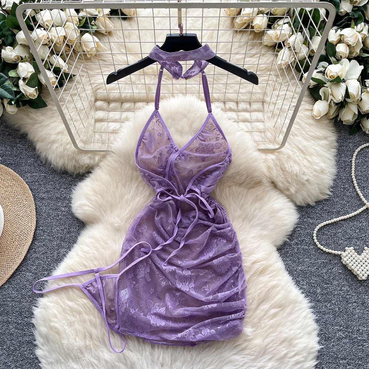Embroidered Halter Mini Dress