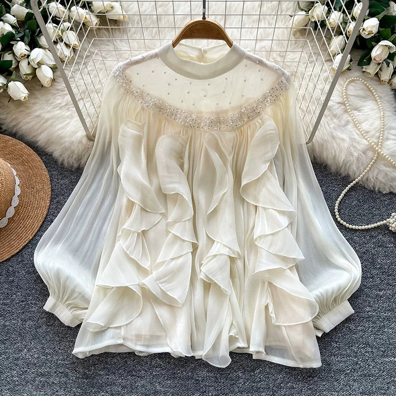 Lace Panel Ruffle Pullover Blouse
