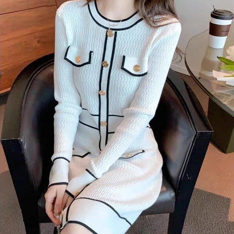 Crew Neck Button Knit Bodycon Dress