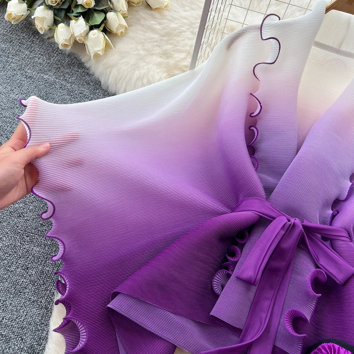 Gradient Cardigan and Pleated Skirt Set