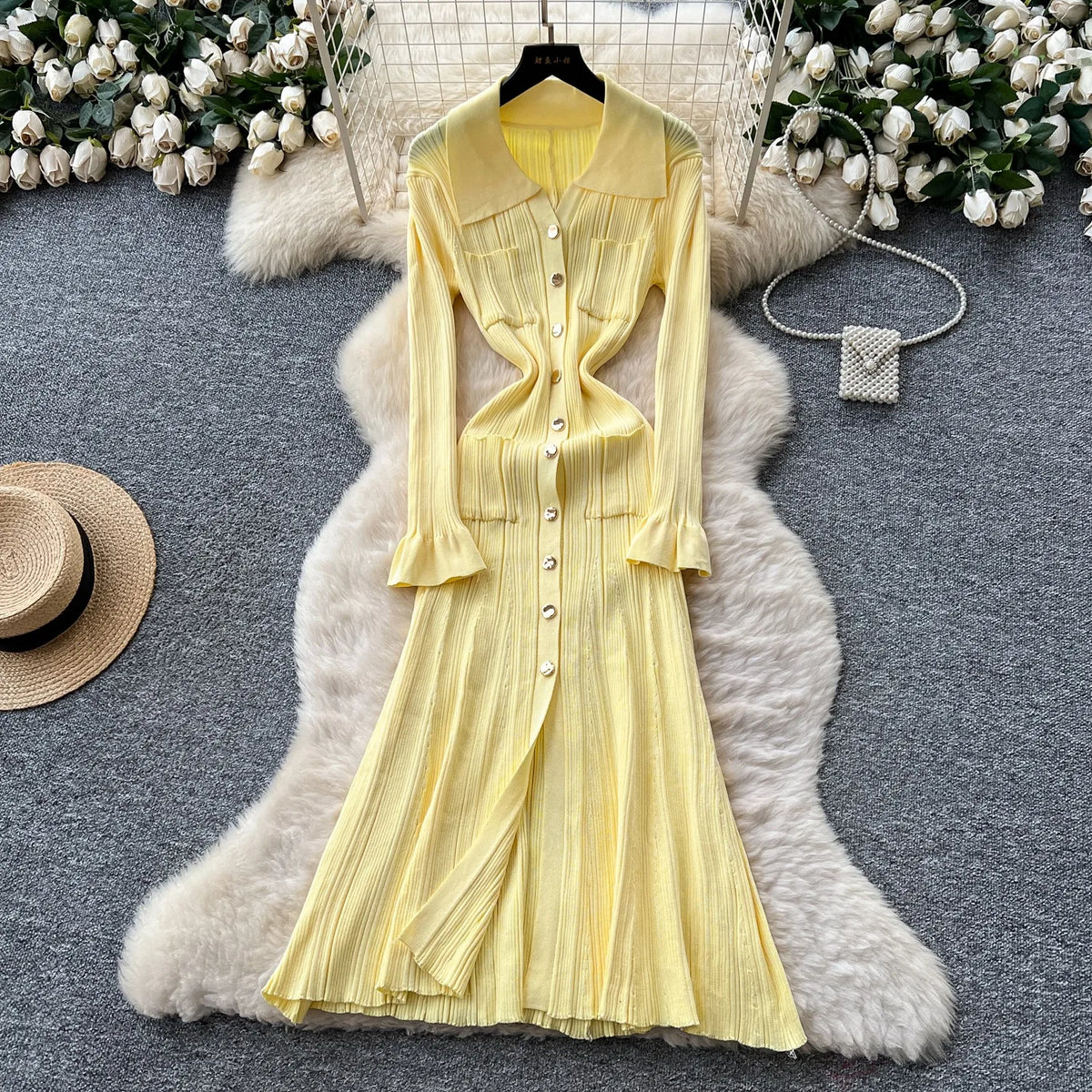 Collared Knit A-Line Maxi Shirt Dress