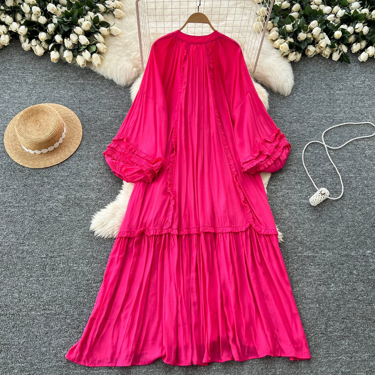 Lace-Up Lantern Sleeve Ruffle Dress