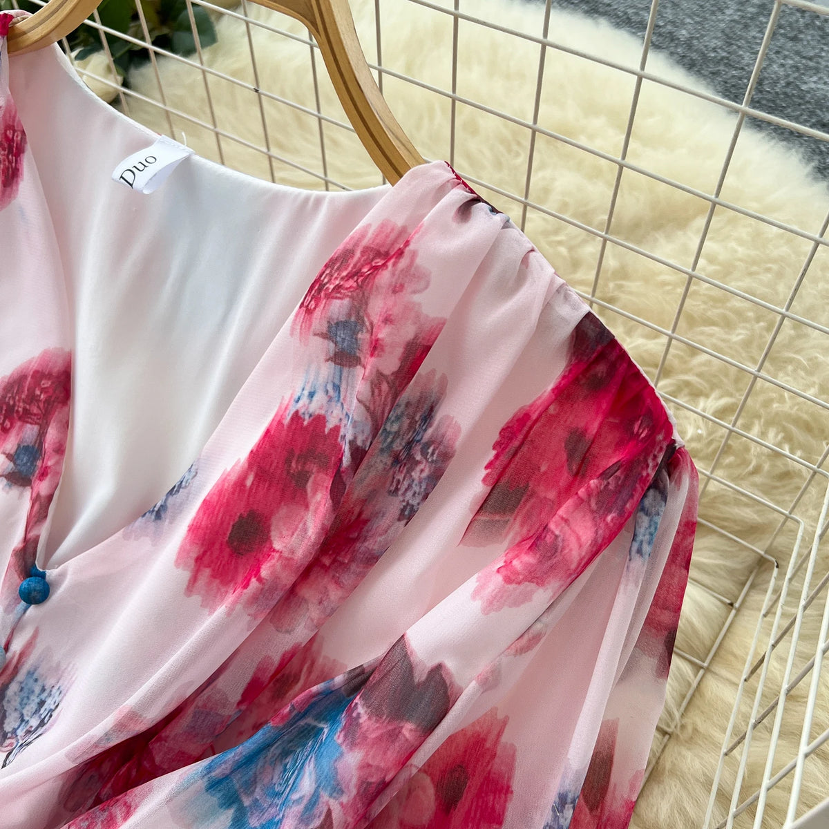 Ruffle Print Long Sleeve Maxi Dress