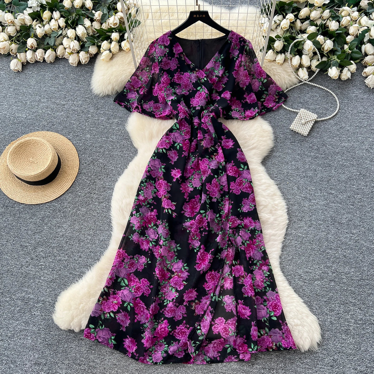 Split V-Neck Short Sleeve Boho Dress
