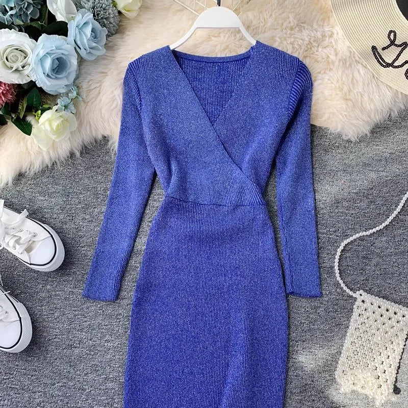 Metallic V-Neck Knit Sweater Dress