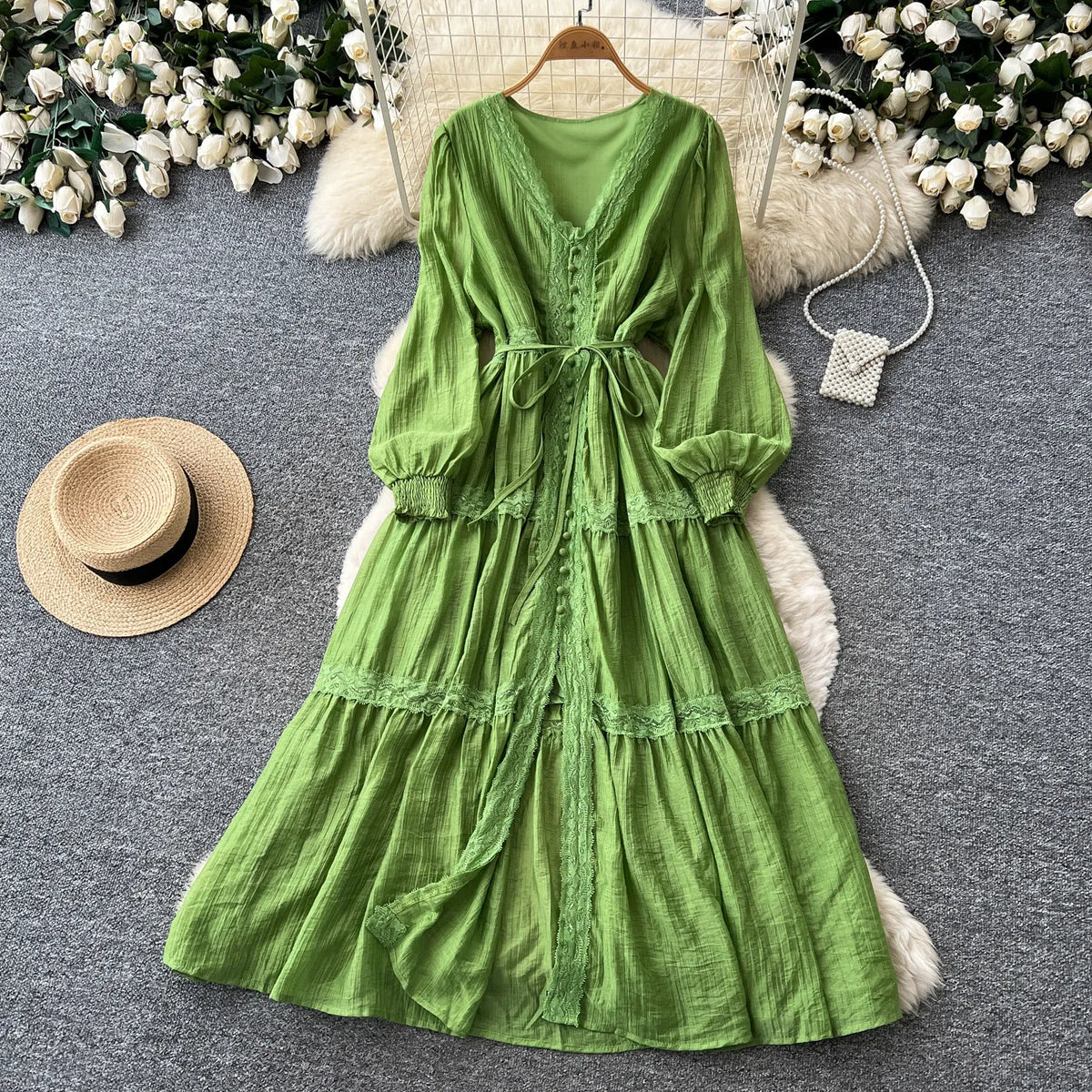 Lace V-Neck High Waist A-Line Dress