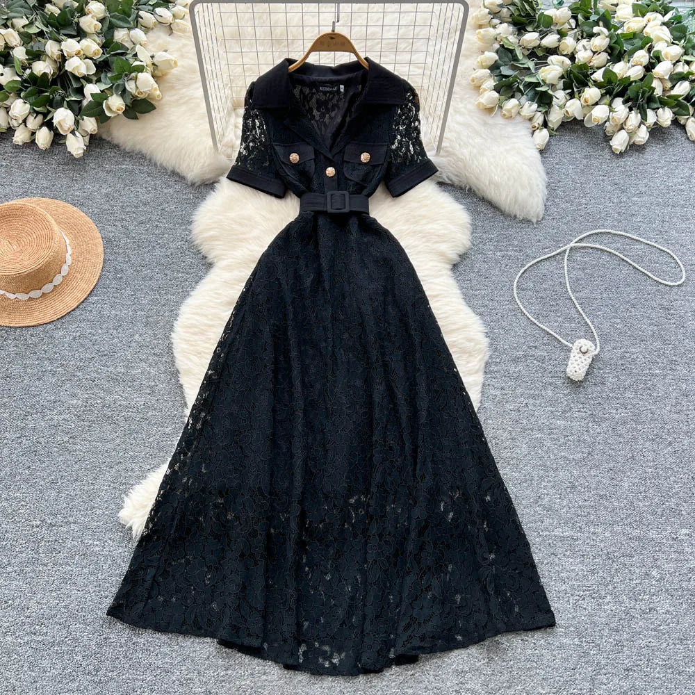 Lace Mesh Short Sleeve Evening Dress